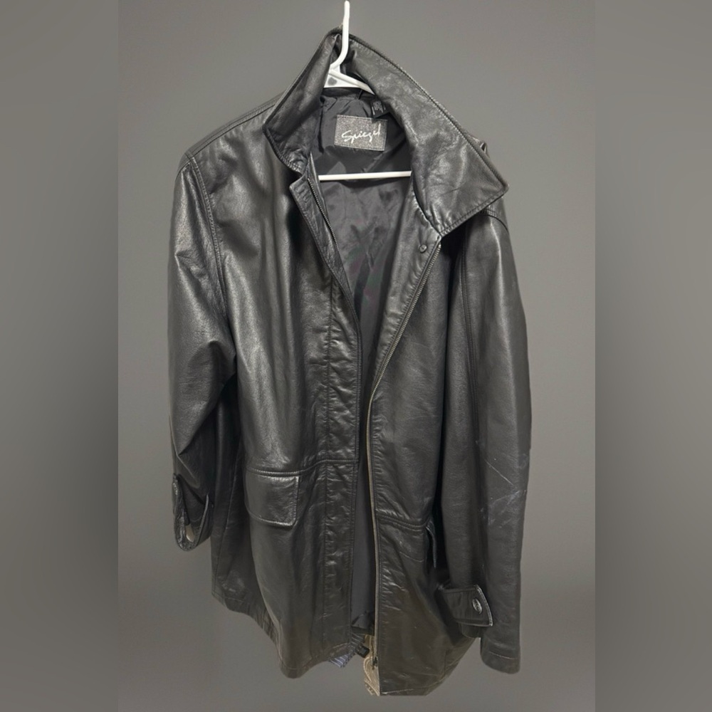 Vintage Spiegel Men’s Leather Jacket Long, Zipper Closure, Flap Pockets, Mint
